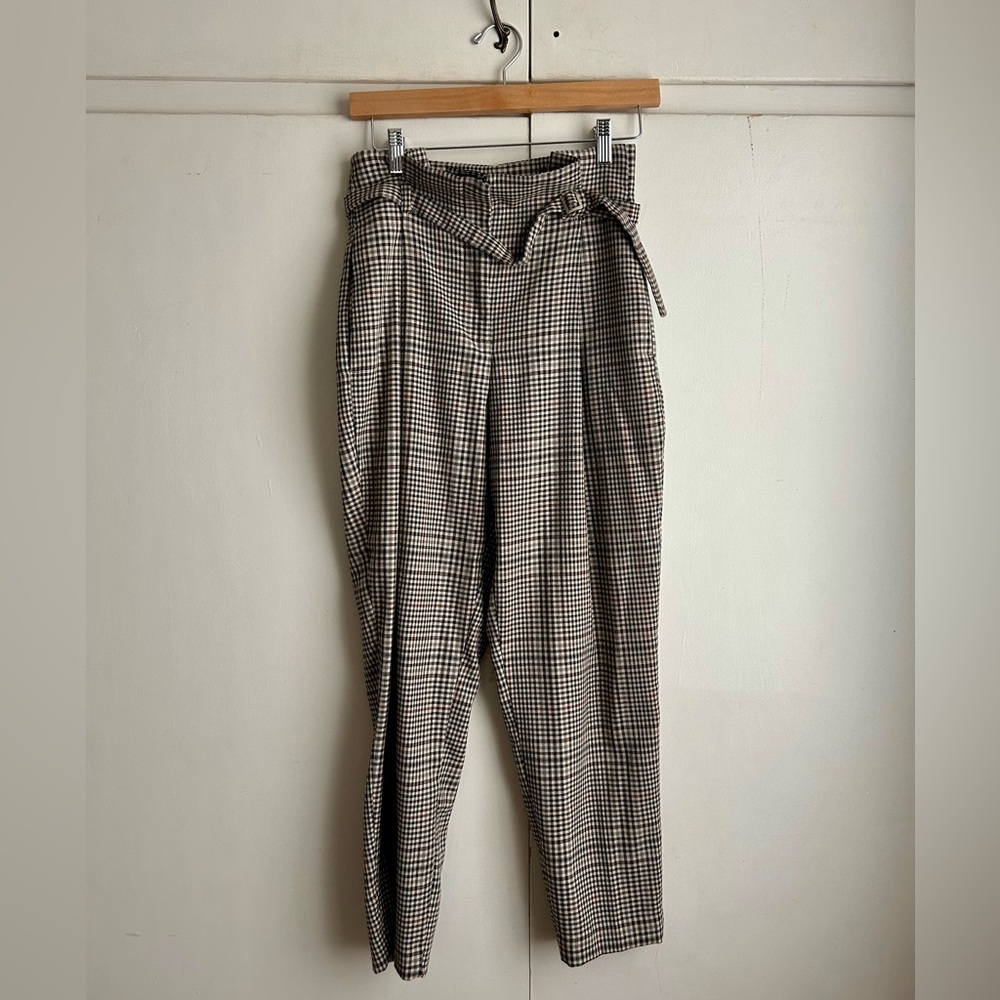 Zara High Waist Straight Leg Belted Houndstooth Pants
